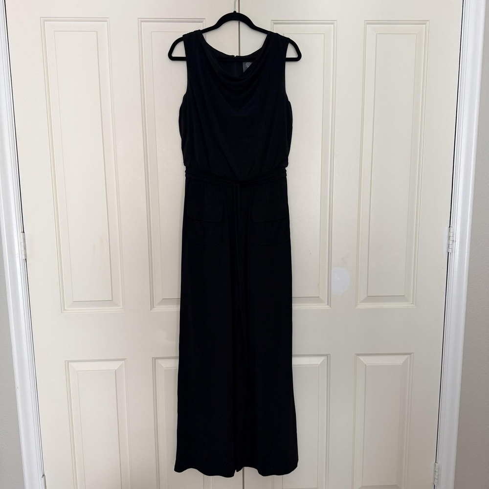 Vince Camuto Jumpsuit Womens Medium Black Cowl Neck Wide Leg Pockets Jersey